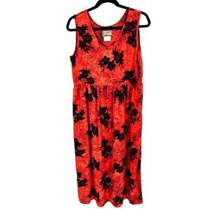 APRIL CORNELL Vintage Orange Red Black Floral Cottagecare Maxi Dress Size Medium